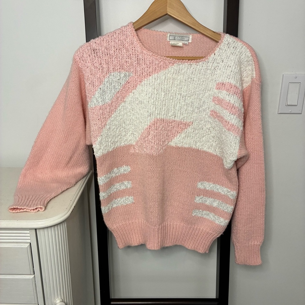 Vintage Eatons Pink and White Women's Crew Neck Sweater. From the 80s.